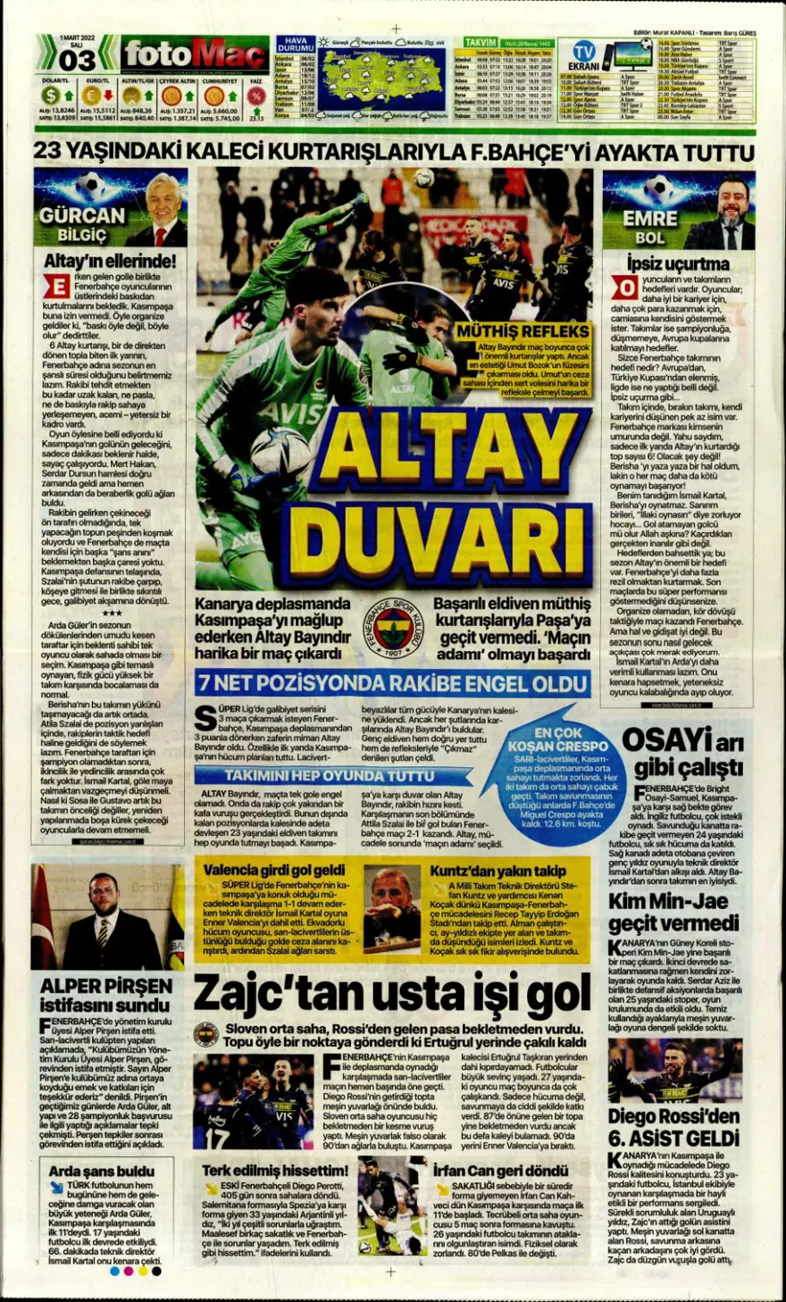 Günün spor manşetleri (1 Mart 2022) 