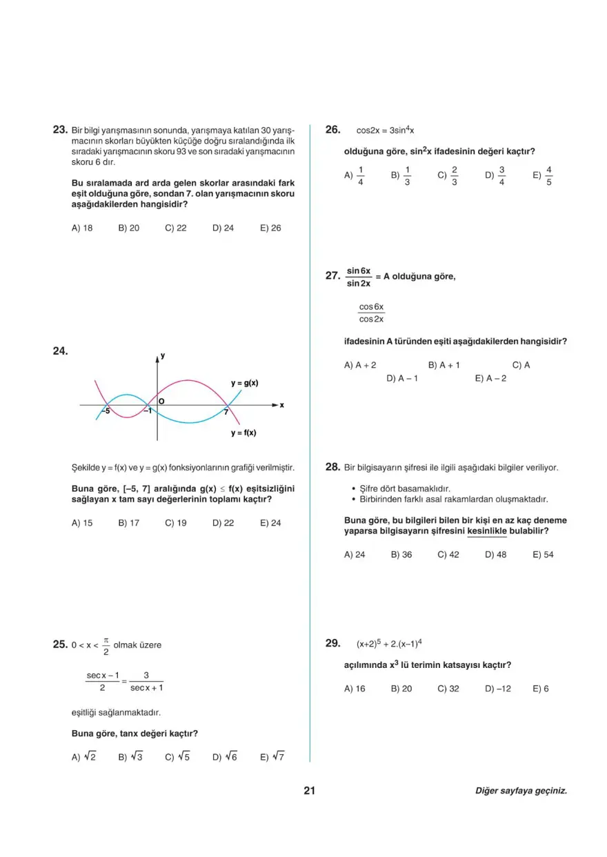 Uğur Okulları AYT -2 deneme sınavı 20