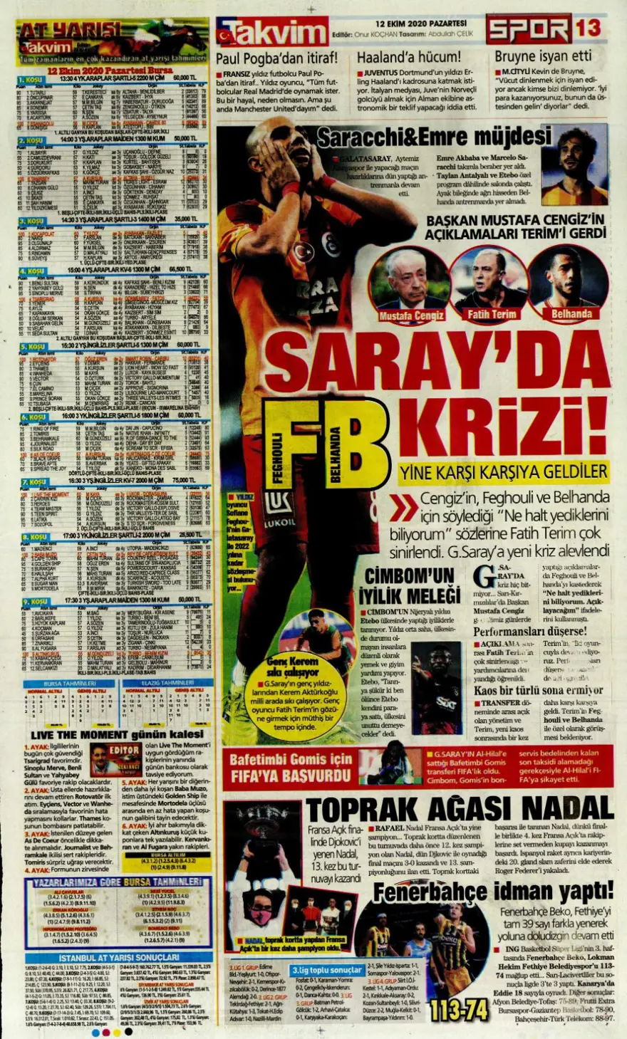 Günün spor manşetleri (12 Ekim 2020) 12