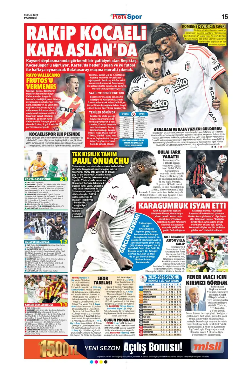 "Hayata dönüş" (29 Eylül 2025 spor manşetleri) 15