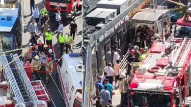 İndiği tramvay ile durak arasında sıkıştı