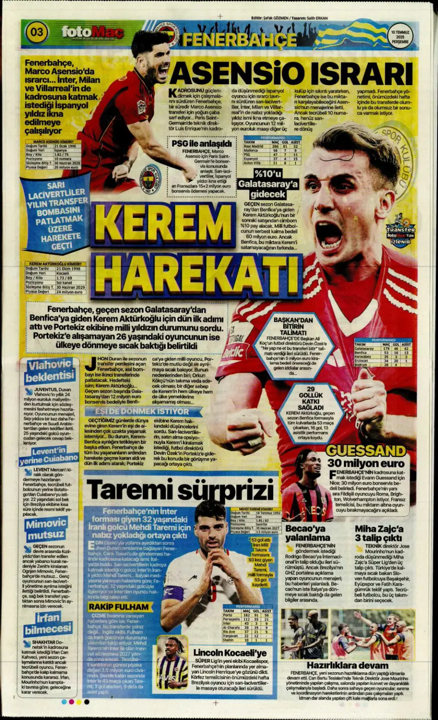 "Fenerbahçe'den Kerem harekatı" (10 Temmuz 2025 spor manşetleri) 
