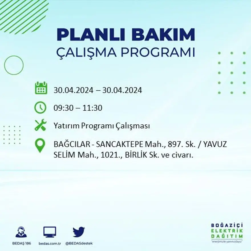 İstanbul'un 23 ilçesinde elektrik kesintisi: Elektrikler ne zaman gelecek? (30 Nisan tarihli BEDAŞ kesinti programı) 11