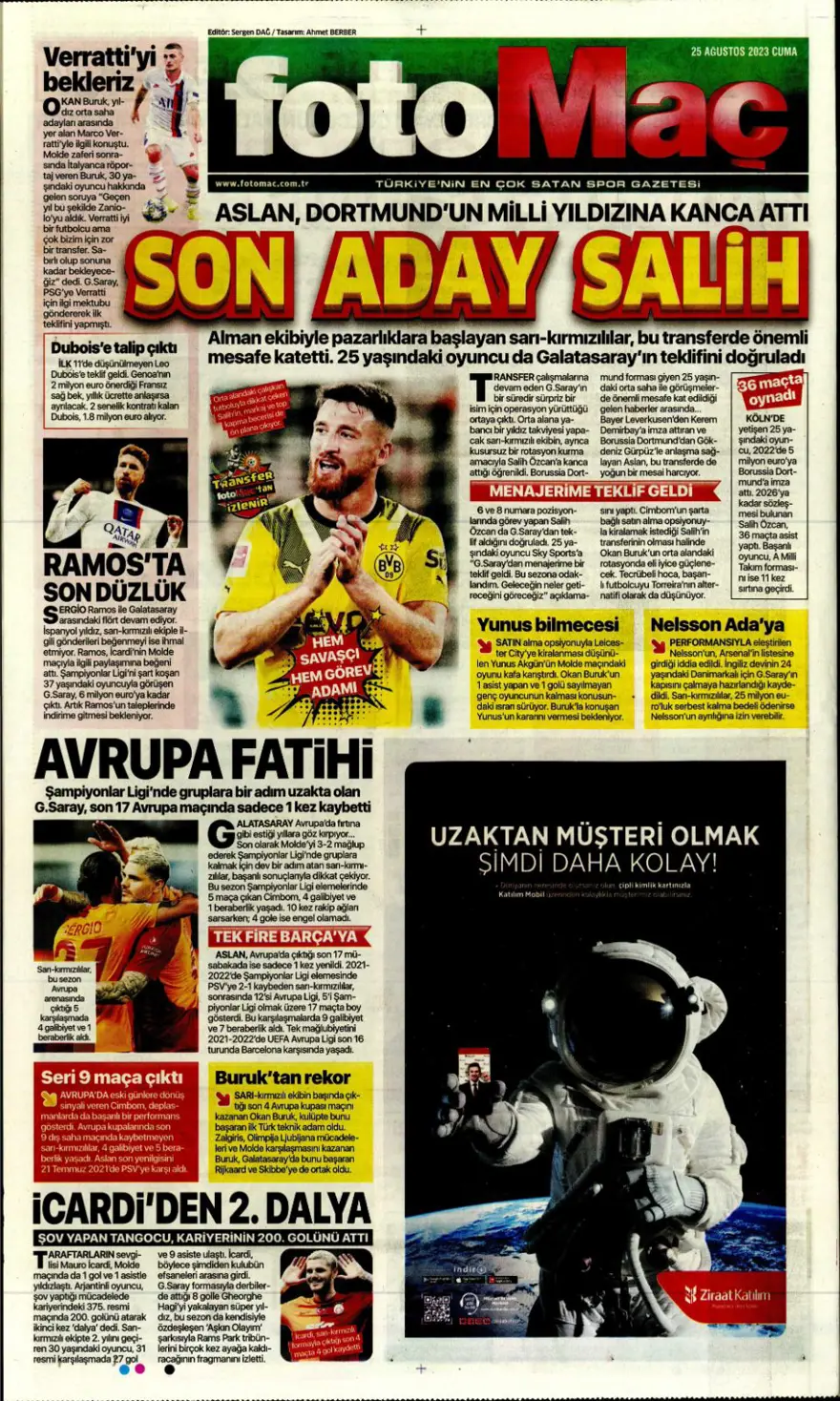 "Aslan'da son aday Salih Özcan" (25 Ağustos 2023 spor manşetleri) 