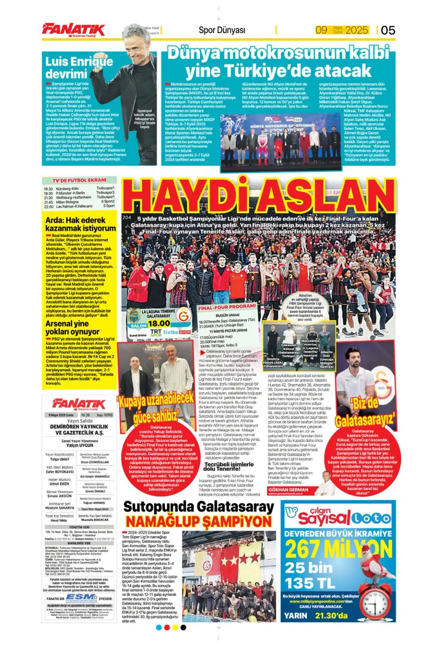 "Galatasaray 10'un peşini bırakmıyor" (9 Mayıs 2025 spor manşetleri) 9