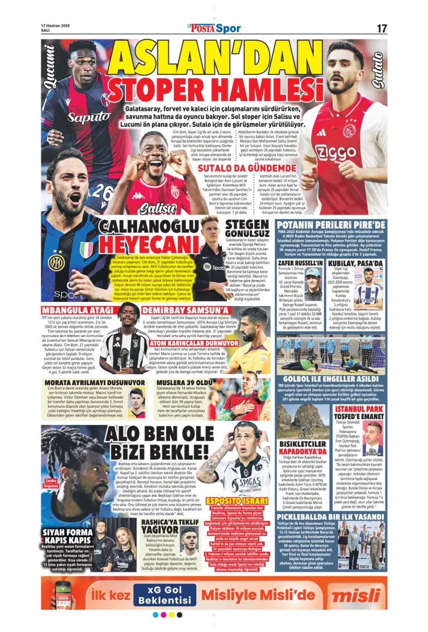 "Çalhanoğlu geri sayımı" (17 Haziran 2025 spor manşetleri) 22