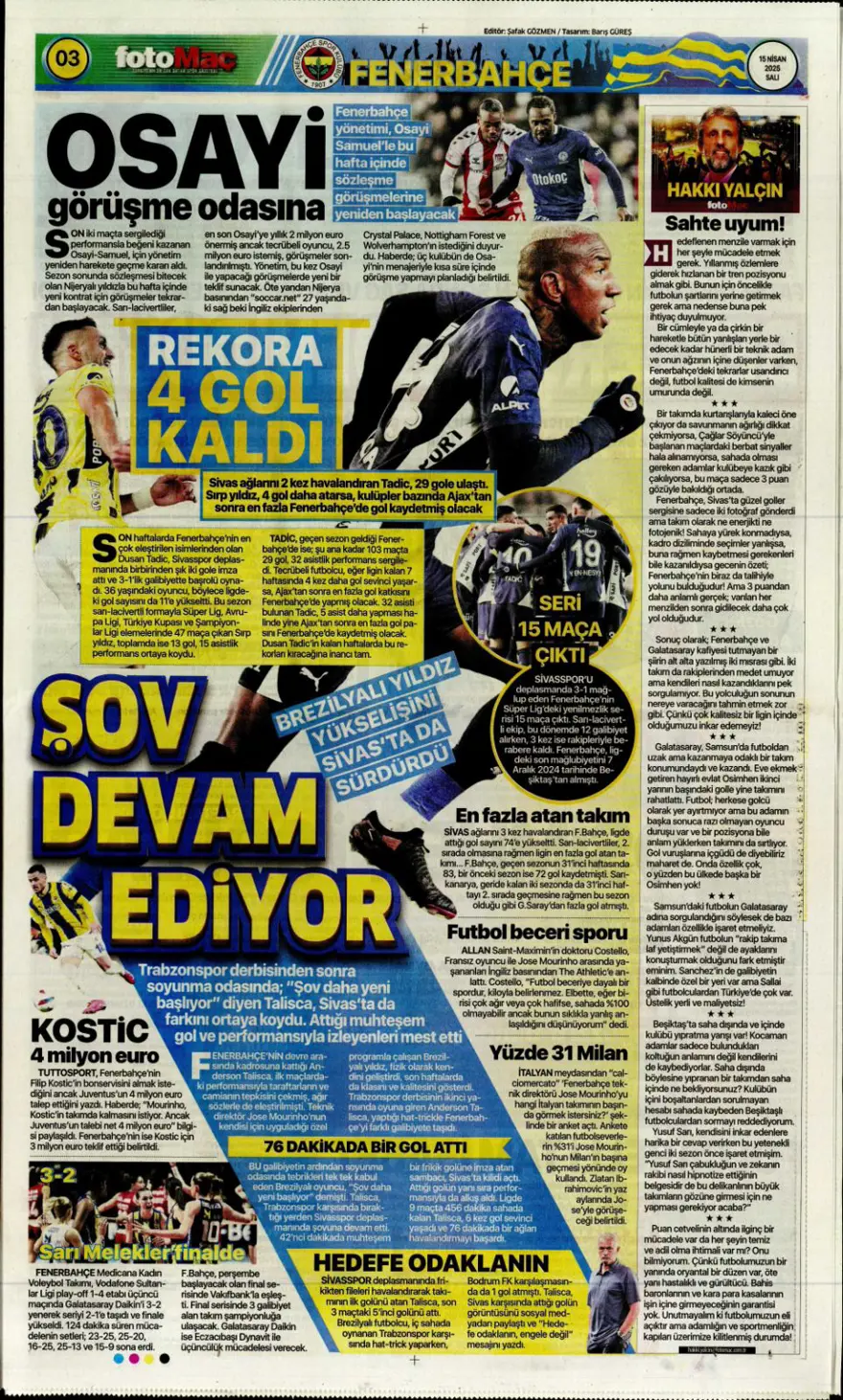 "Mertens'in yerine dünya yıldızı" (15 Nisan 2025 spor manşetleri) 5