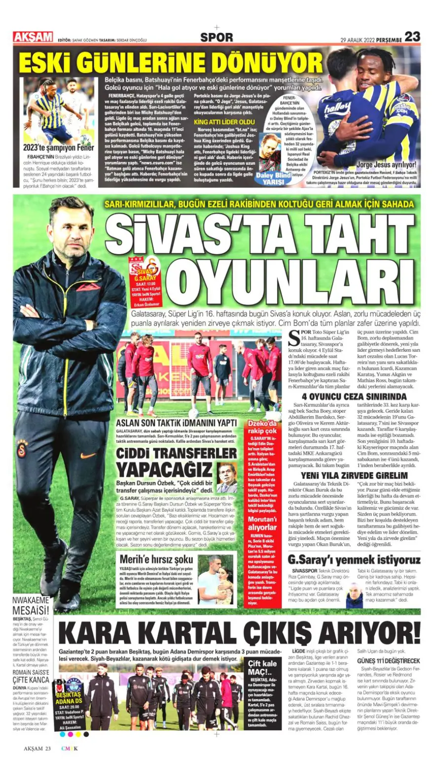 Günün spor manşetleri (29 Aralık 2022) 