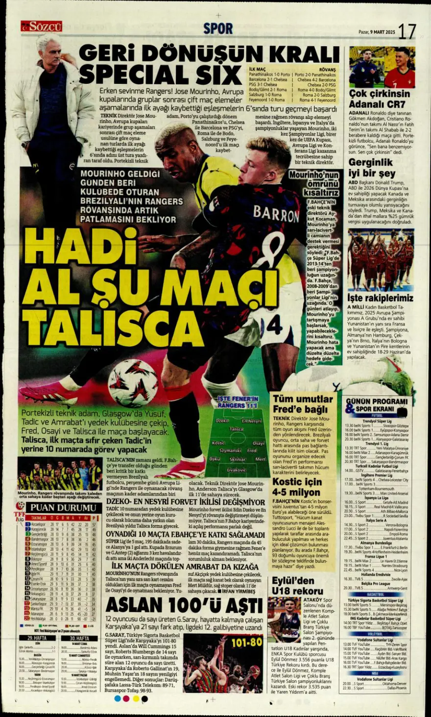 "1 numaralı büyük plan" (9 Mart 2025 spor manşetleri) 9