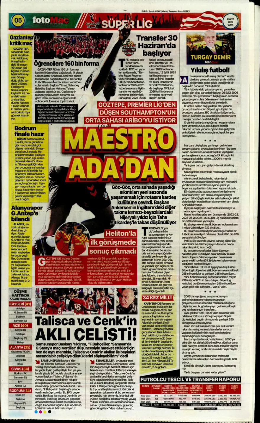 "Galatasaray 10'un peşini bırakmıyor" (9 Mayıs 2025 spor manşetleri) 15