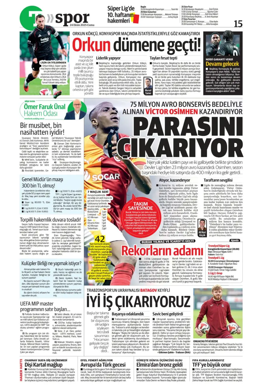 "Kadıköy canavarı" (24 Ekim 2025 spor manşetleri) 26