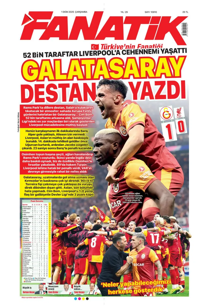 "Adı Aslan, işi destan" (1 Ekim 2025 spor manşetleri) 1