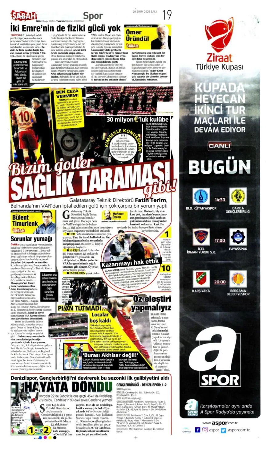 Günün spor manşetleri (20 Ekim 2020) 9