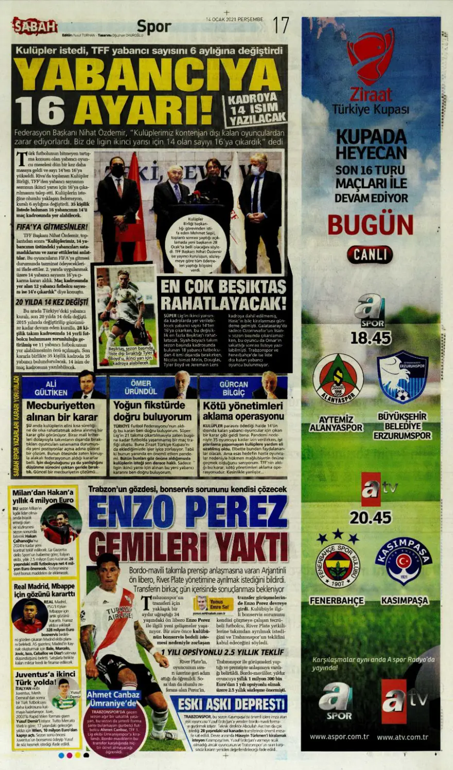 Günün spor manşetleri (14 Ocak 2021) 7