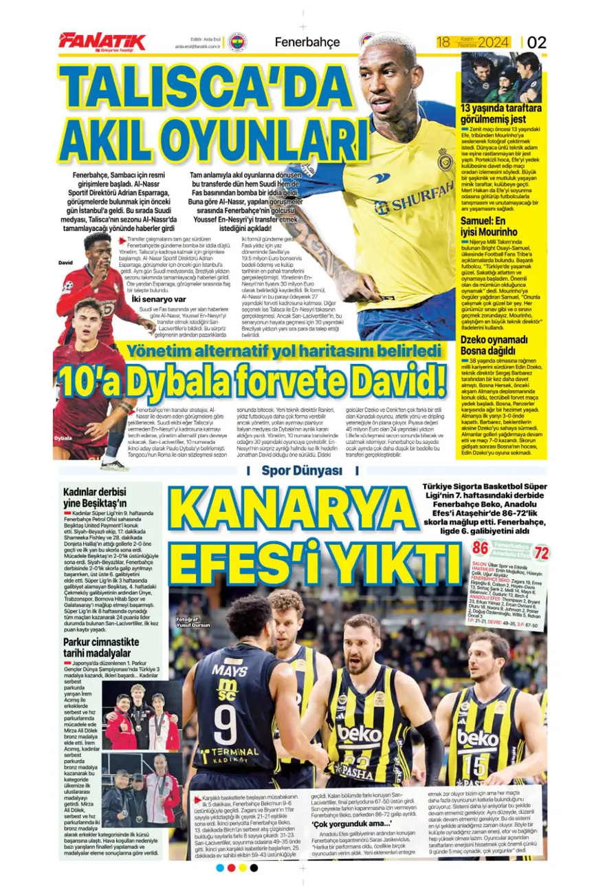 “Fenerbahçe’de dev takas” (18Kasım 2024 spor manşetleri) 6