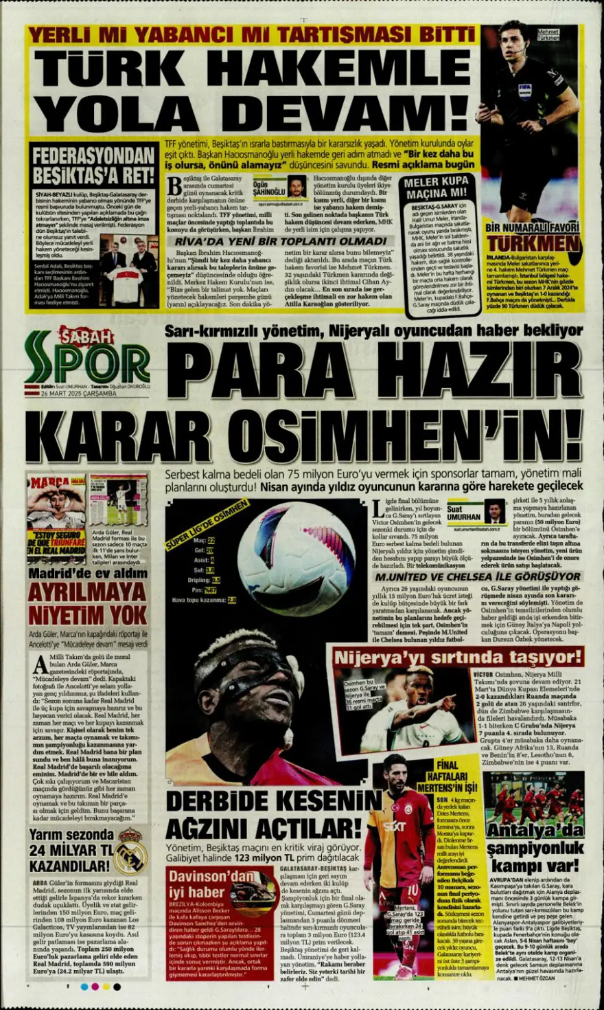 "Mourinho, Sancho'yu istedi" (26 Mart 2025 spor manşetleri) 6