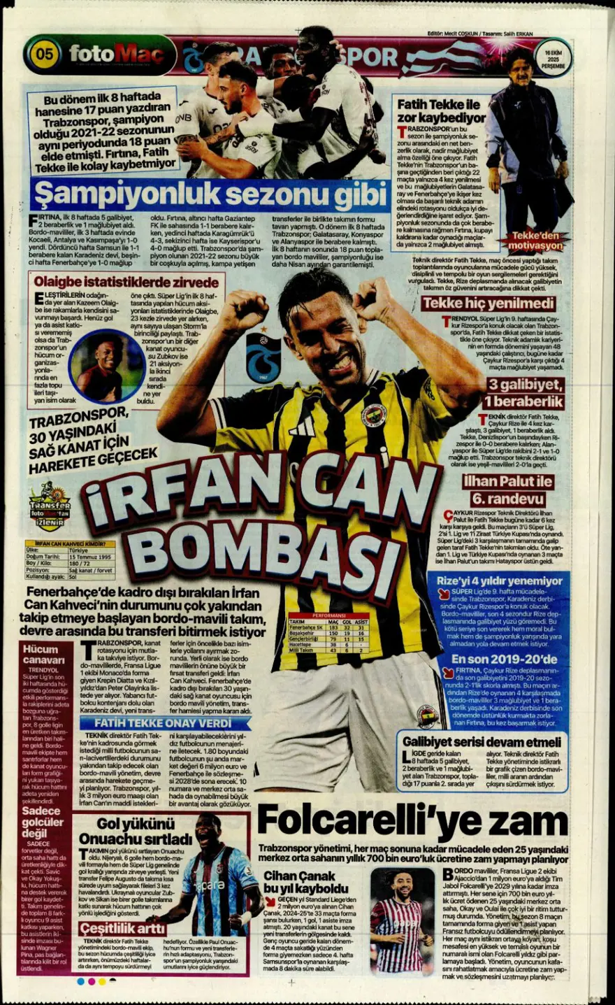 "İrfan Can bombası" (16 Ekim 2025 spor manşetleri) 5