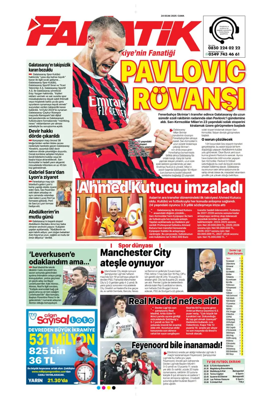 "Pavlovic sürprizi" (24 Ocak 2025 spor manşetleri) 15
