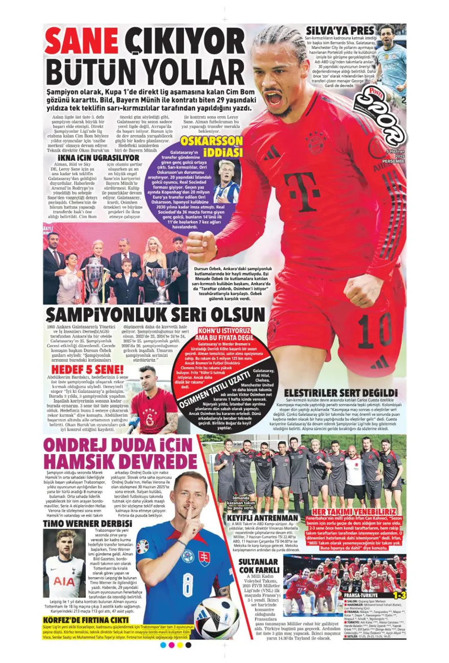 Transferin gündemi Sane (5 Haziran 2025 spor manşetleri) 10