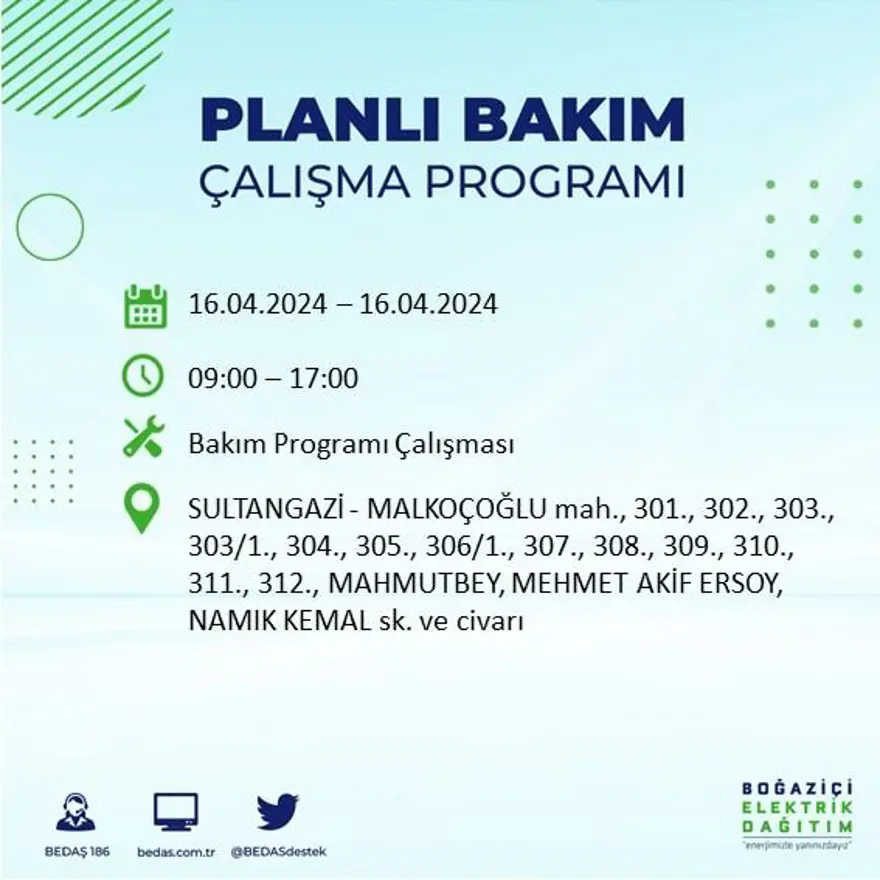 İstanbul'un 16 ilçesinde elektrik kesintisi: Elektrikler ne zaman gelecek? (16 Nisan tarihli BEDAŞ kesinti programı) 31 İstanbul'un 16 ilçesinde elektrik kesintisi: Elektrikler ne zaman gelecek? (16 Nisan tarihli BEDAŞ kesinti programı) 31