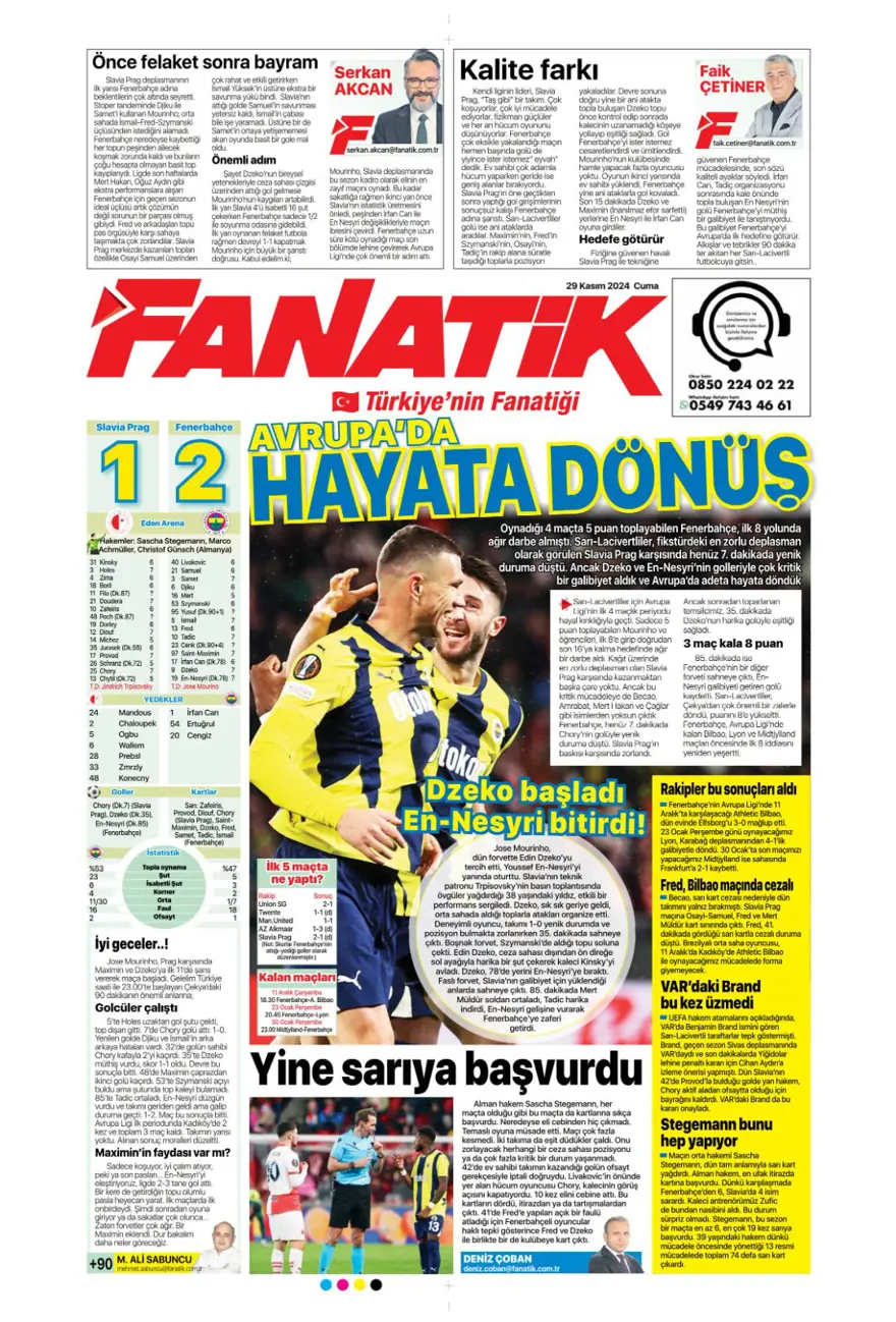 "Avrupa'da Fener alayı" (29 Kasım 2024 spor manşetleri) 11