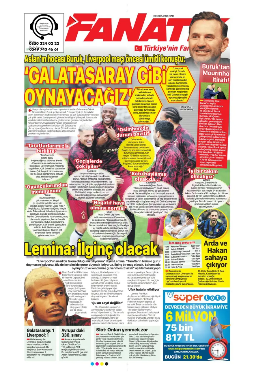 "Cehennem Liverpool'u bekliyor" (30 Eylül 2025 spor manşetleri) 1