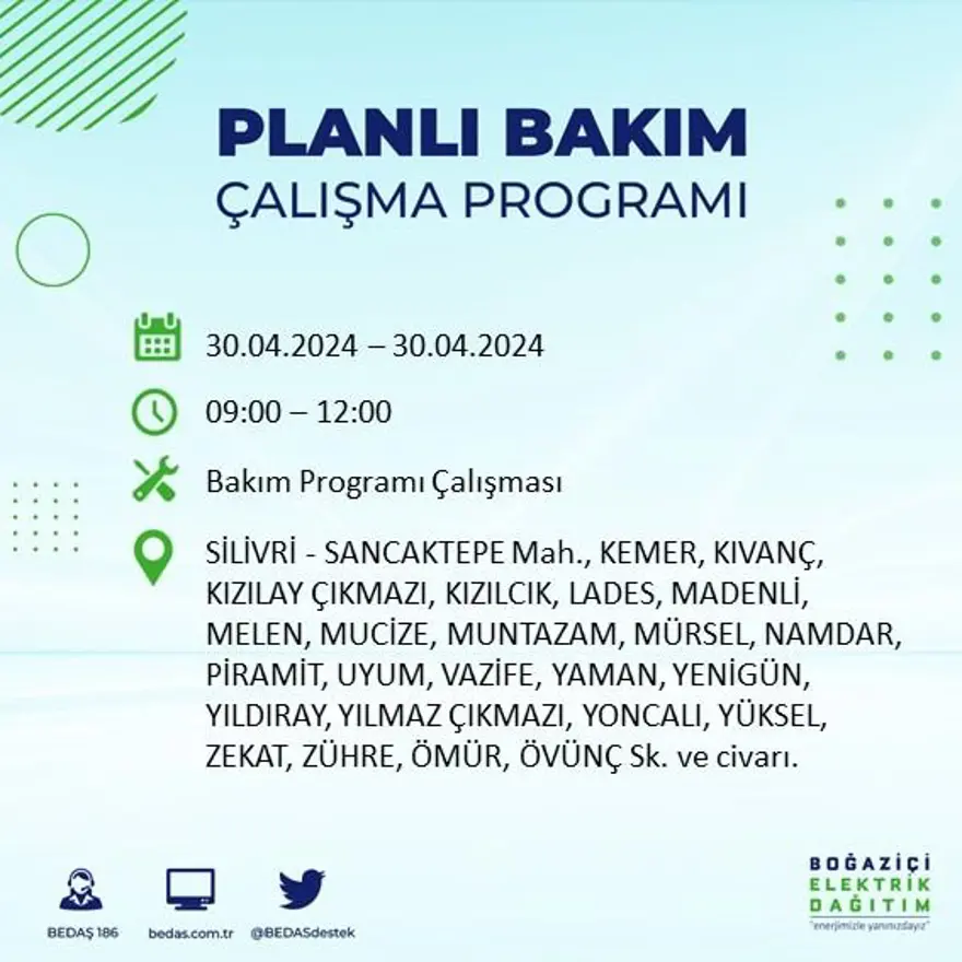 İstanbul'un 23 ilçesinde elektrik kesintisi: Elektrikler ne zaman gelecek? (30 Nisan tarihli BEDAŞ kesinti programı) 62