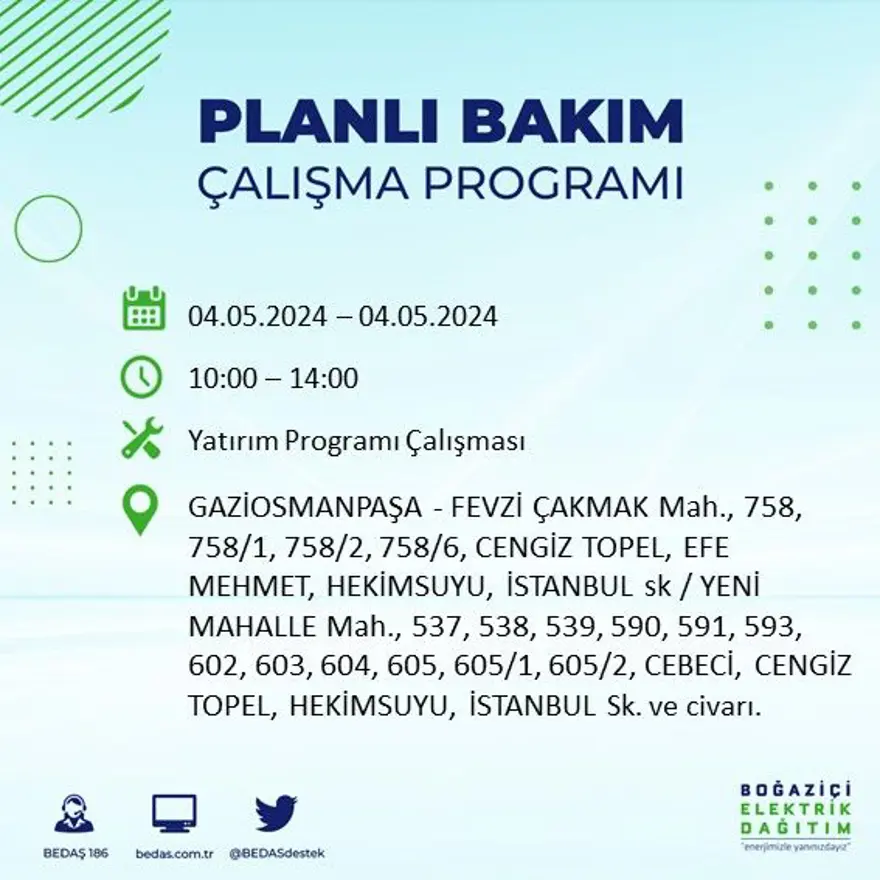 İstanbul'un 17 ilçesinde elektrik kesintisi: Elektrikler ne zaman gelecek? (4 Mayıs tarihli BEDAŞ kesinti programı) 30 İstanbul'un 17 ilçesinde elektrik kesintisi: Elektrikler ne zaman gelecek? (4 Mayıs tarihli BEDAŞ kesinti programı) 30