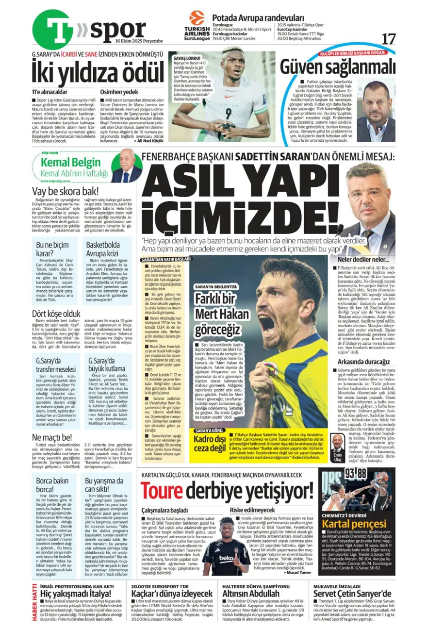 "İrfan Can bombası" (16 Ekim 2025 spor manşetleri) 17