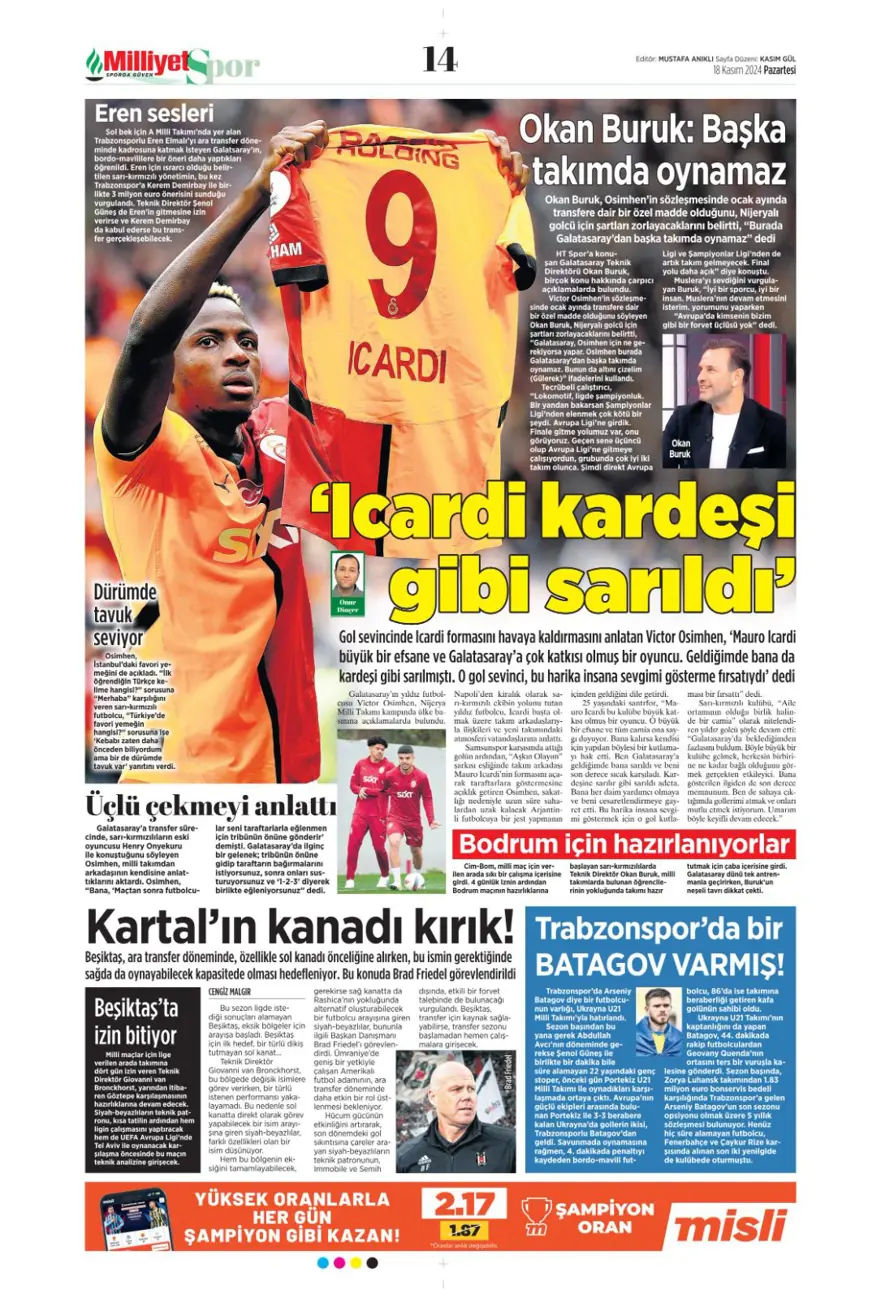 “Fenerbahçe’de dev takas” (18Kasım 2024 spor manşetleri) 20