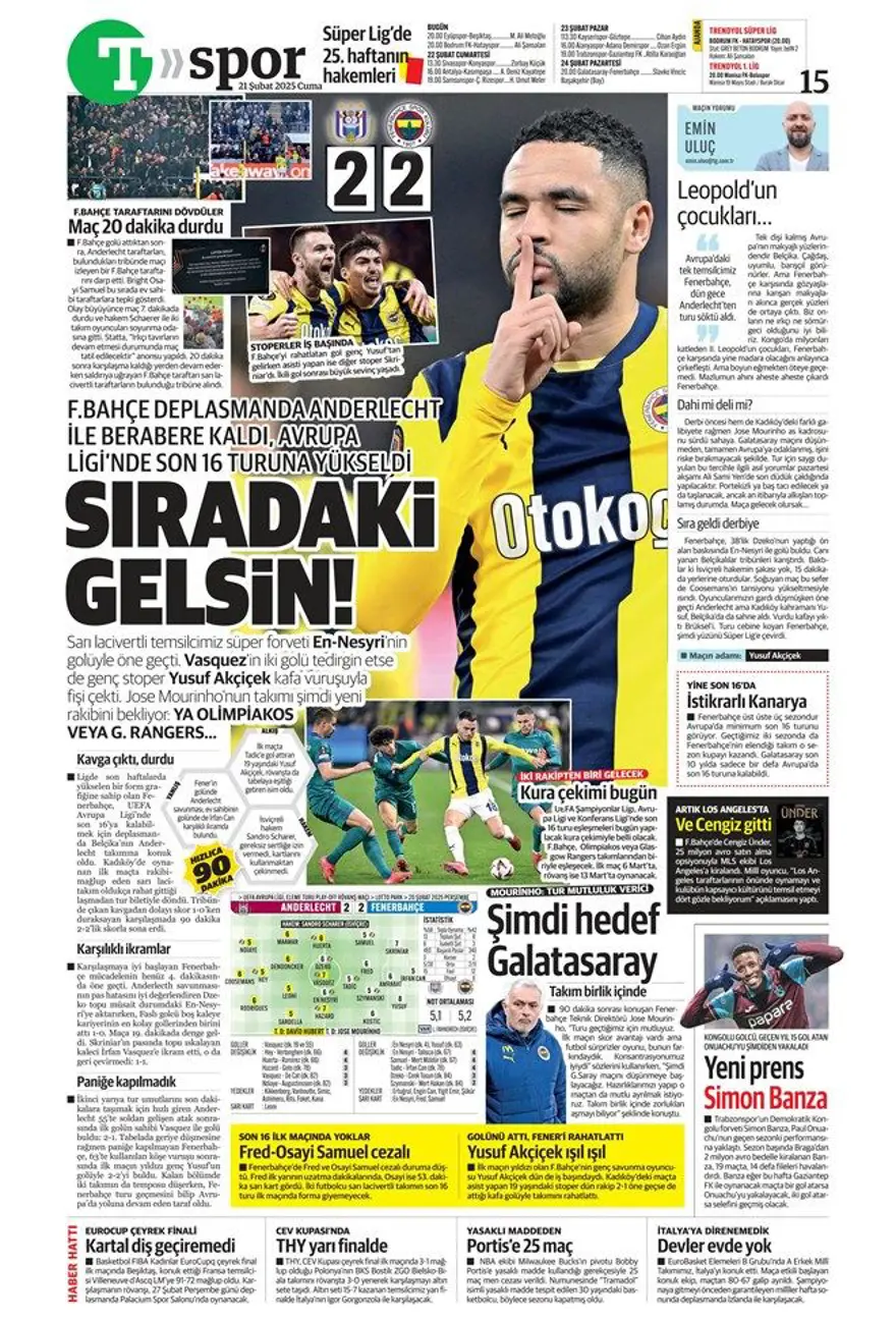 "Fener işi bitirdi" (21 Şubat 2025 spor manşetleri) 19