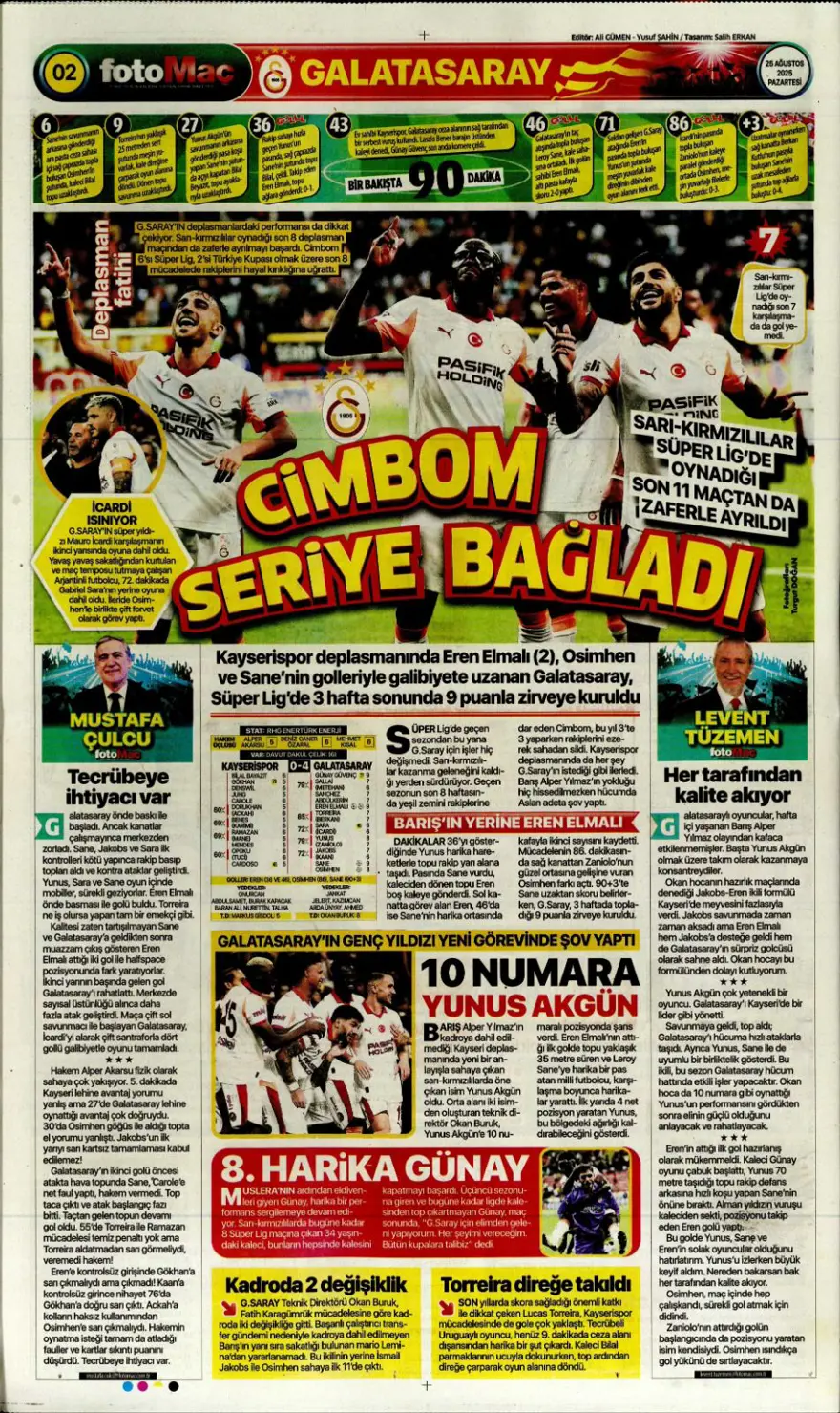 "3 puandan fazlası" (25 Ağustos spor manşetleri) 4