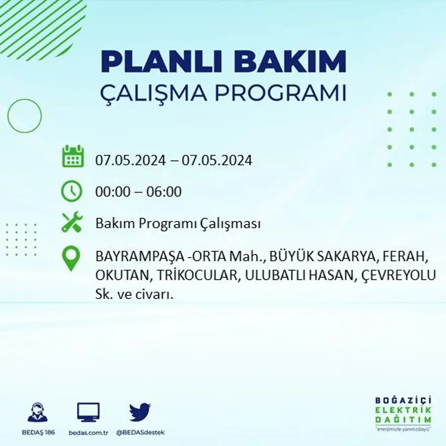 İstanbul'un 23 ilçesinde elektrik kesintisi: Elektrikler ne zaman gelecek? (7 Mayıs tarihli BEDAŞ kesinti programı) 15 İstanbul'un 23 ilçesinde elektrik kesintisi: Elektrikler ne zaman gelecek? (7 Mayıs tarihli BEDAŞ kesinti programı) 15