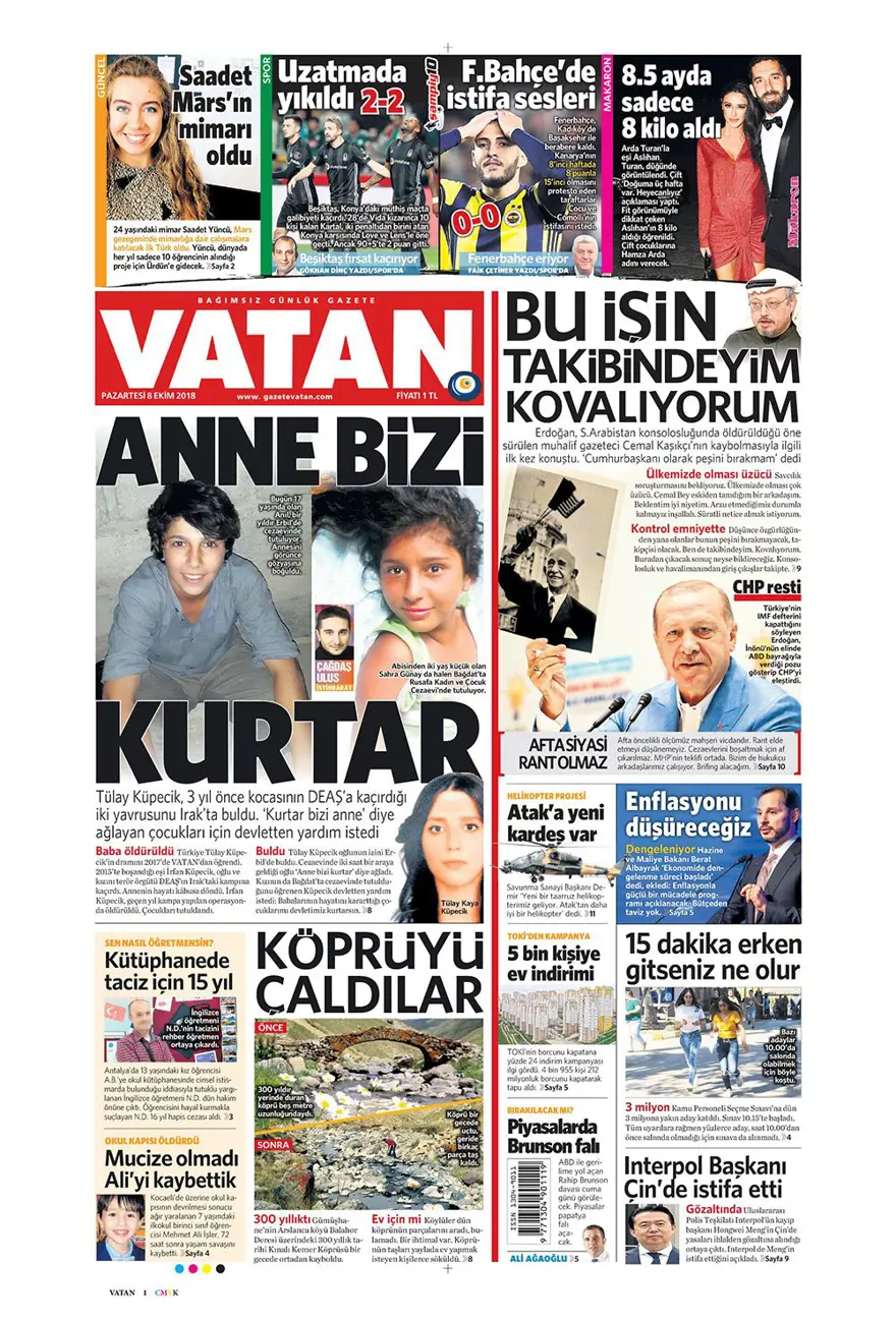 Günün gazete manşetleri - 8 Ekim 2018 1