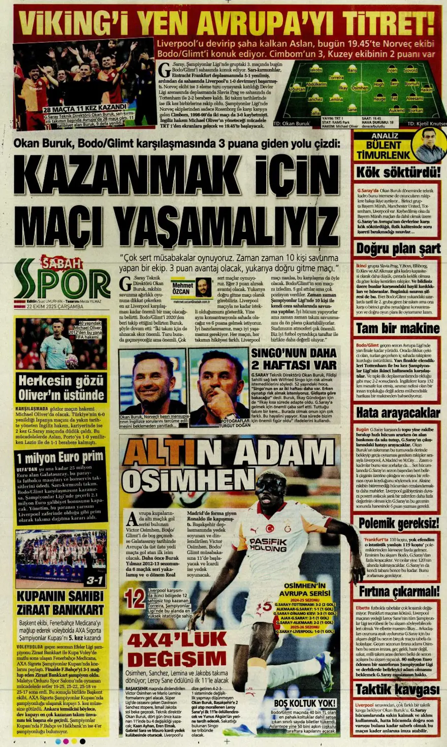 "Viking'i yen Avrupa'yı titret" (22 Ekim 2025 spor manşetleri) 1
