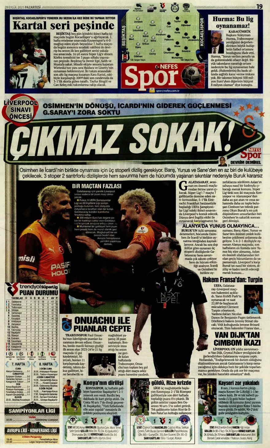 "Hayata dönüş" (29 Eylül 2025 spor manşetleri) 13