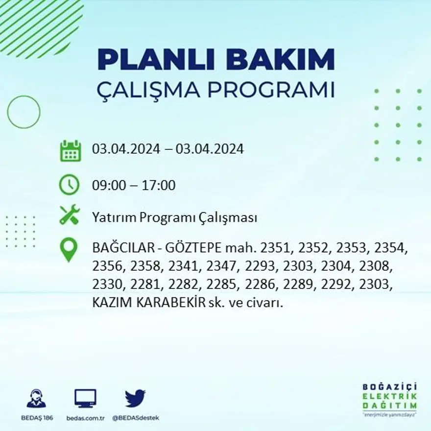 İstanbul'un 19 ilçesinde elektrik kesintisi: Elektrikler ne zaman gelecek? (3 Nisan tarihli BEDAŞ kesinti programı) 12