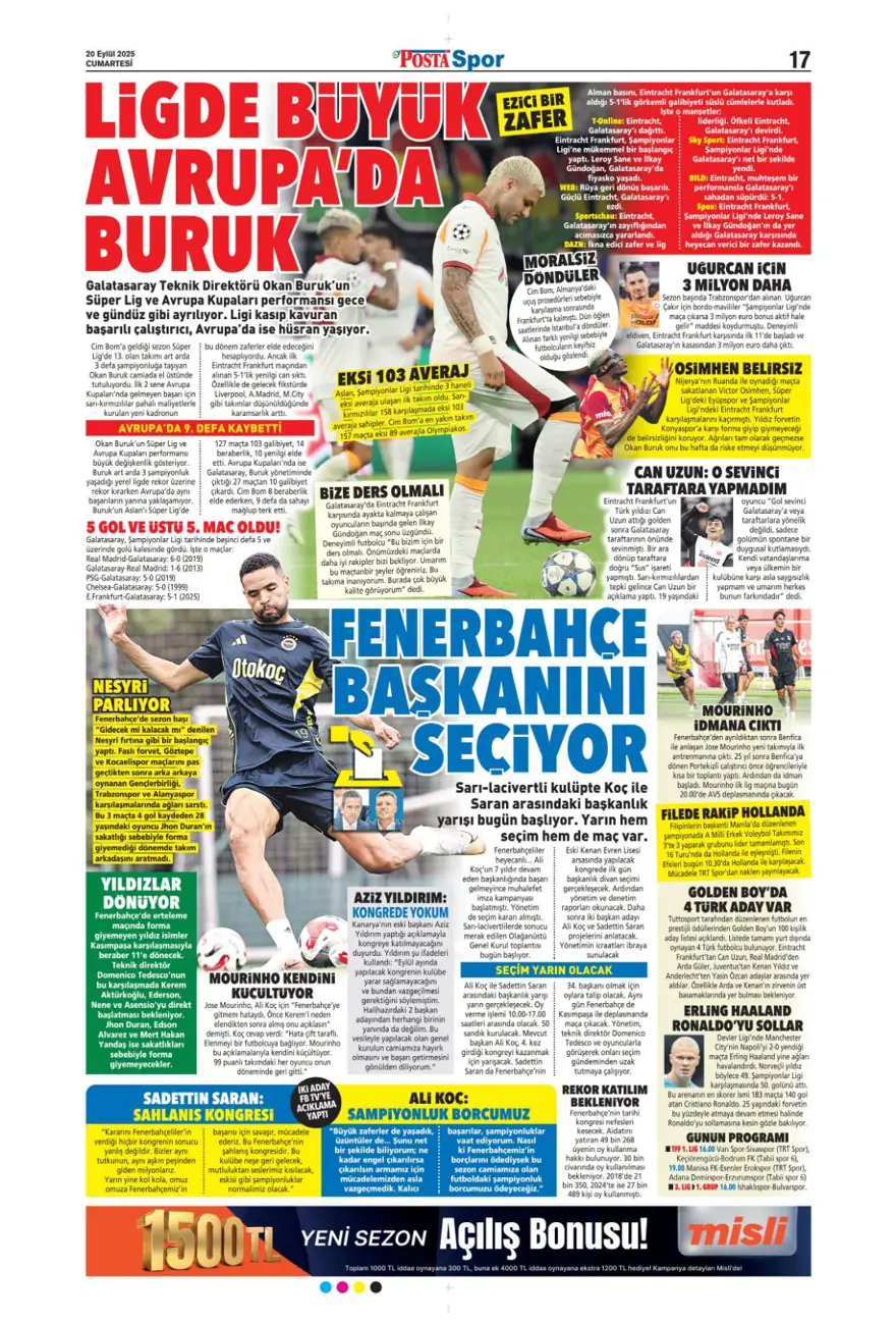 "Kartal yoğun bakımda" (20 Eylül spor manşetleri) 17