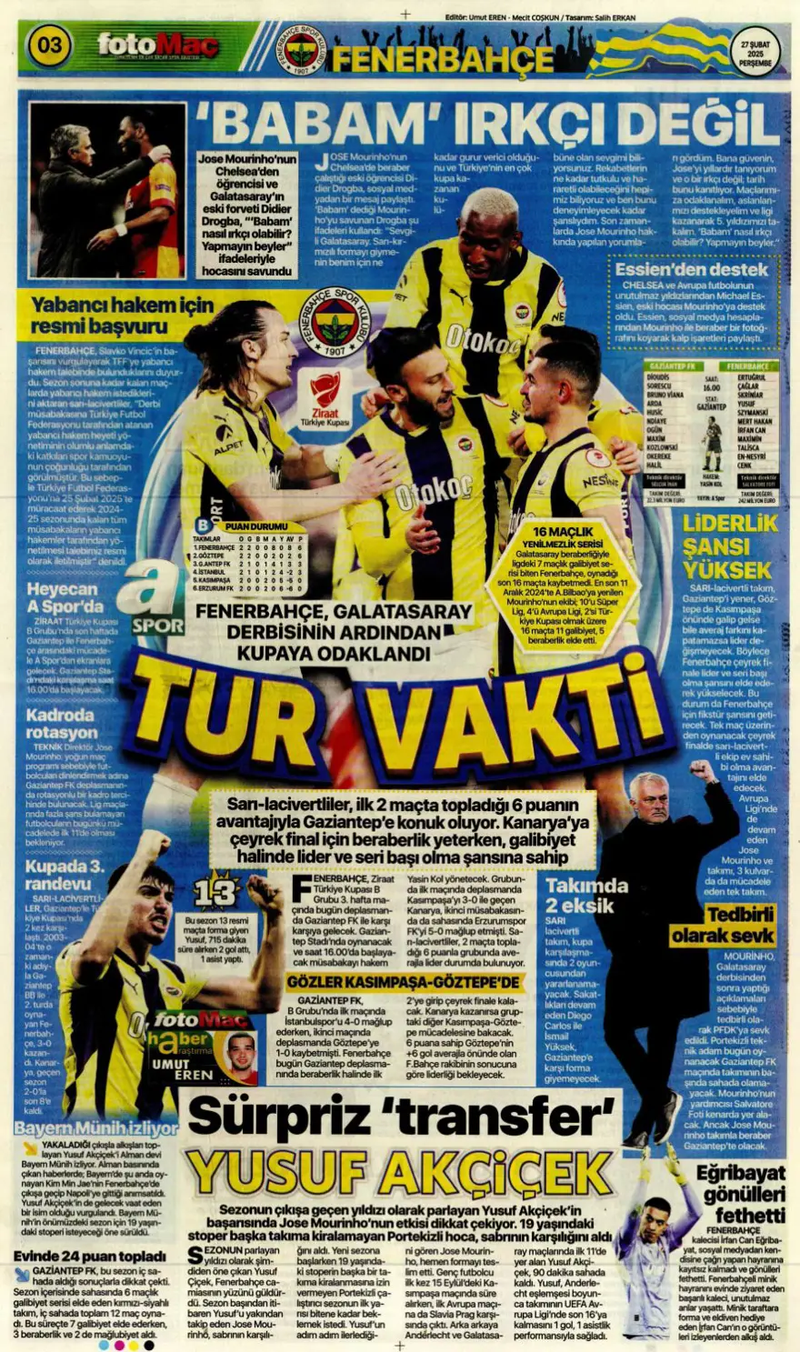 "Derbinin ardından gözler kupada" (27 Şubat 2025 spor manşetleri) 1