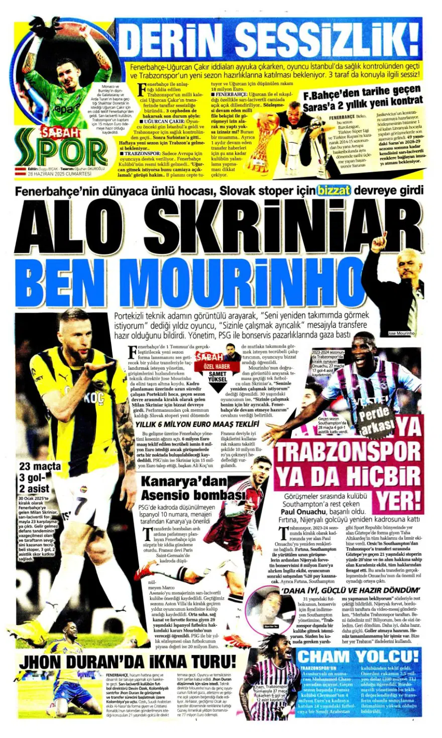 "Kolombiya seferi" (28 Haziran 2025 spor manşetleri) 11