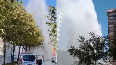 Yer altındaki boru patladı: Metrelerce yükseğe su fışkırdı