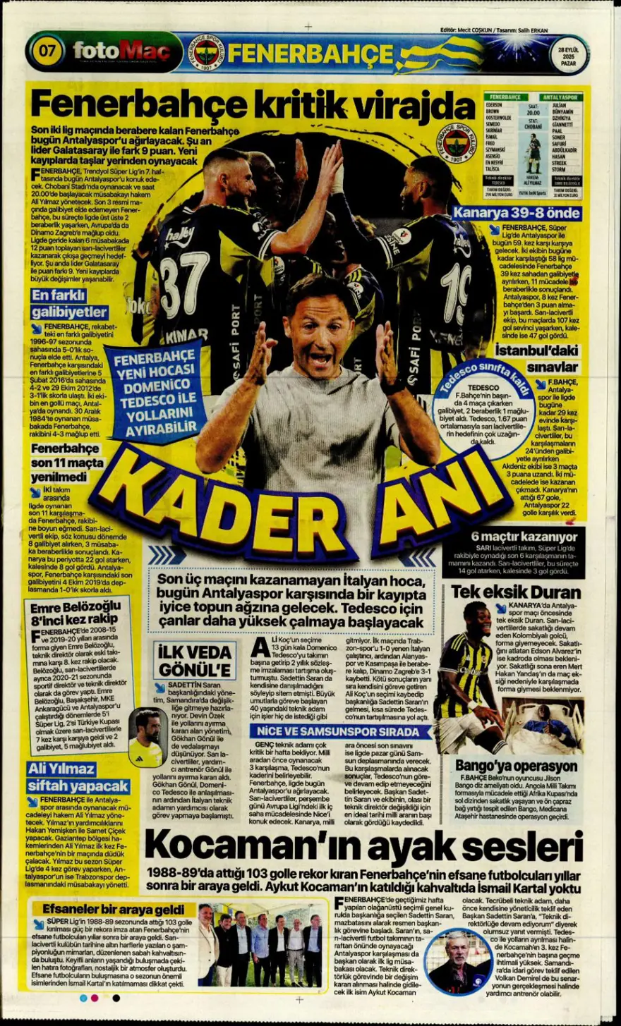 "Fenerbahçe'nin kader gecesi" (28 Eylül 2025 spor manşetleri) 3