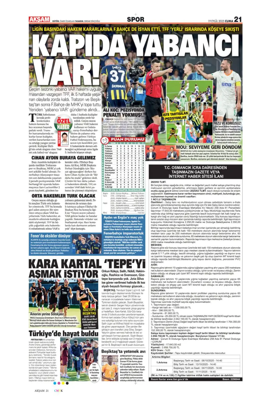 "Kabus gibi başlangıç" (19 Eylül spor manşetleri) 2