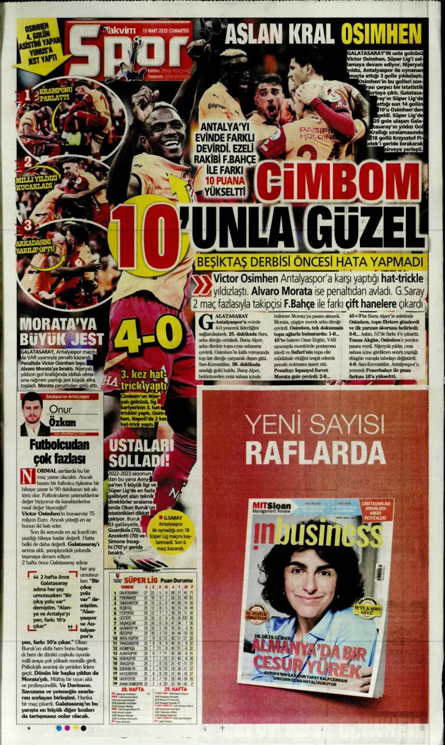 "Zirvede tek başına" (15 Mart 2025 spor manşetleri) 13