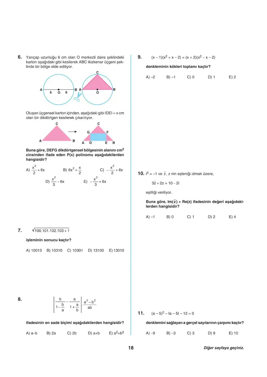 Uğur Okulları AYT -1 deneme sınavı 17