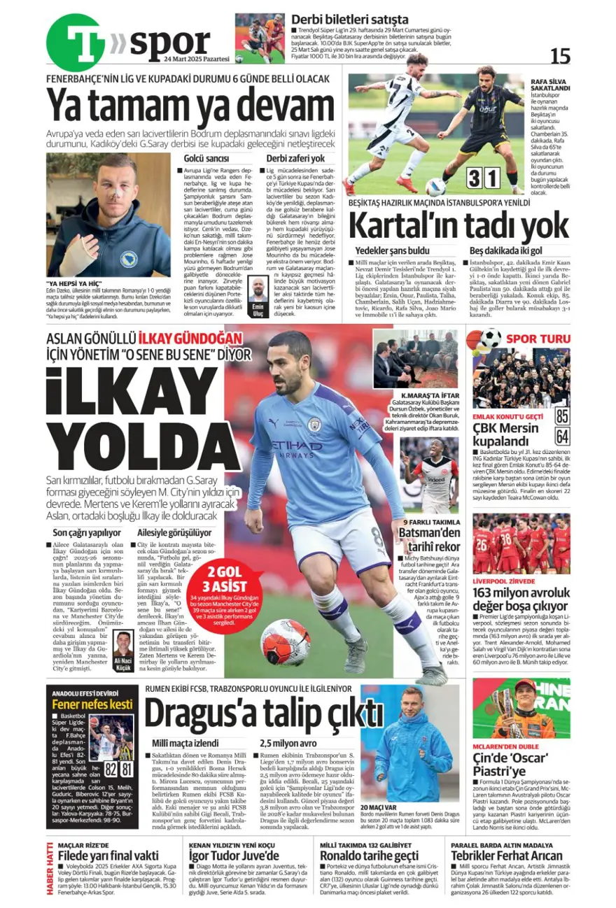 "Türkiye devler liginde" (24 Mart 2025 spor manşetleri) 16