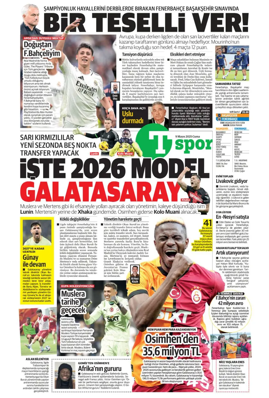 "Galatasaray 10'un peşini bırakmıyor" (9 Mayıs 2025 spor manşetleri) 32