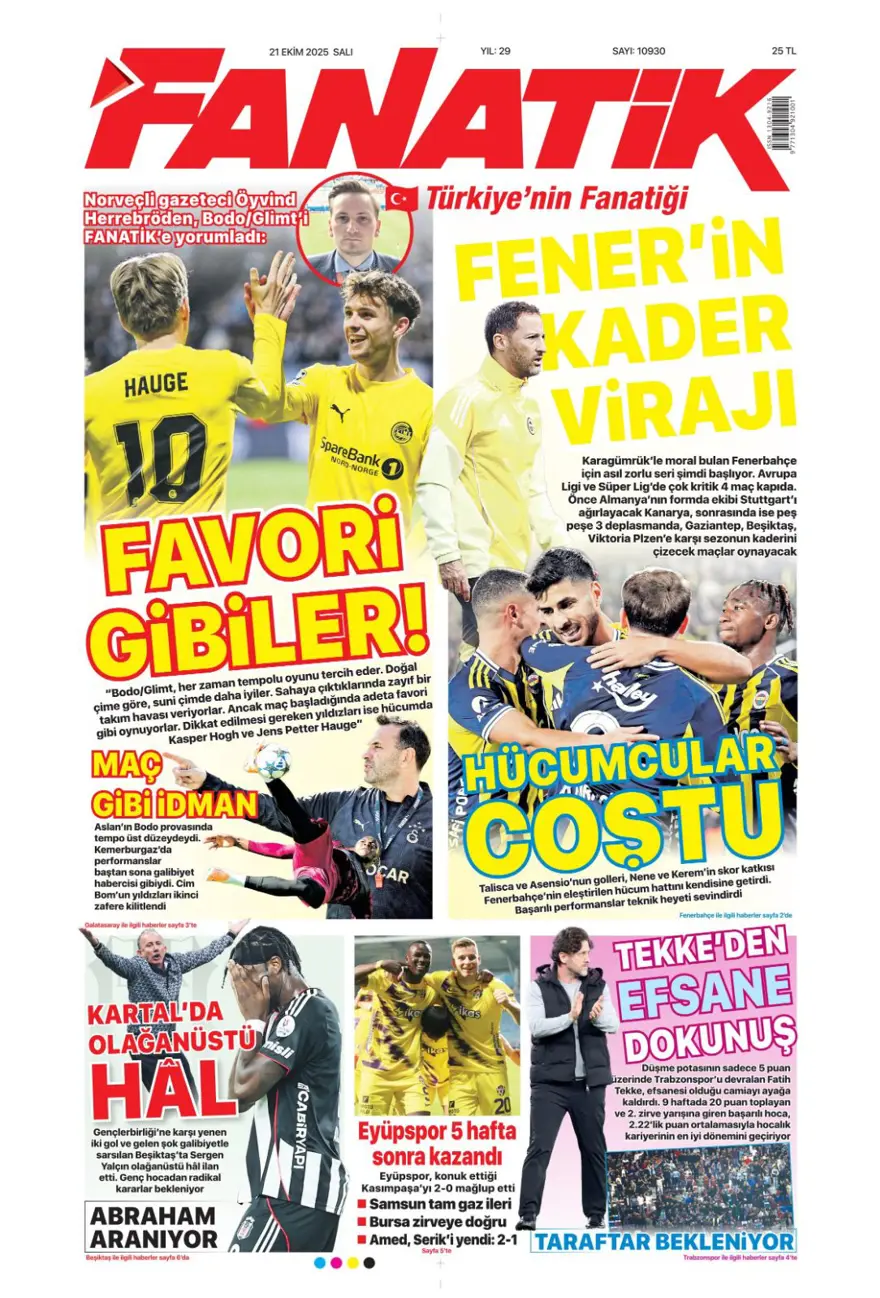 "Fenerbahçe'nin kader virajı" (21 Ekim 2025 spor manşetleri) 3