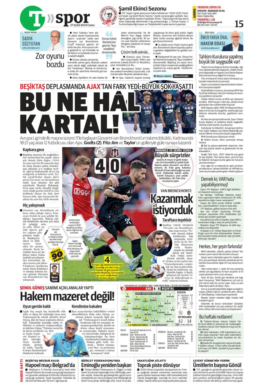 "Fener'de pansuman, Kartal darmadağın" (27 Eylül 2024 spor manşetleri) 15