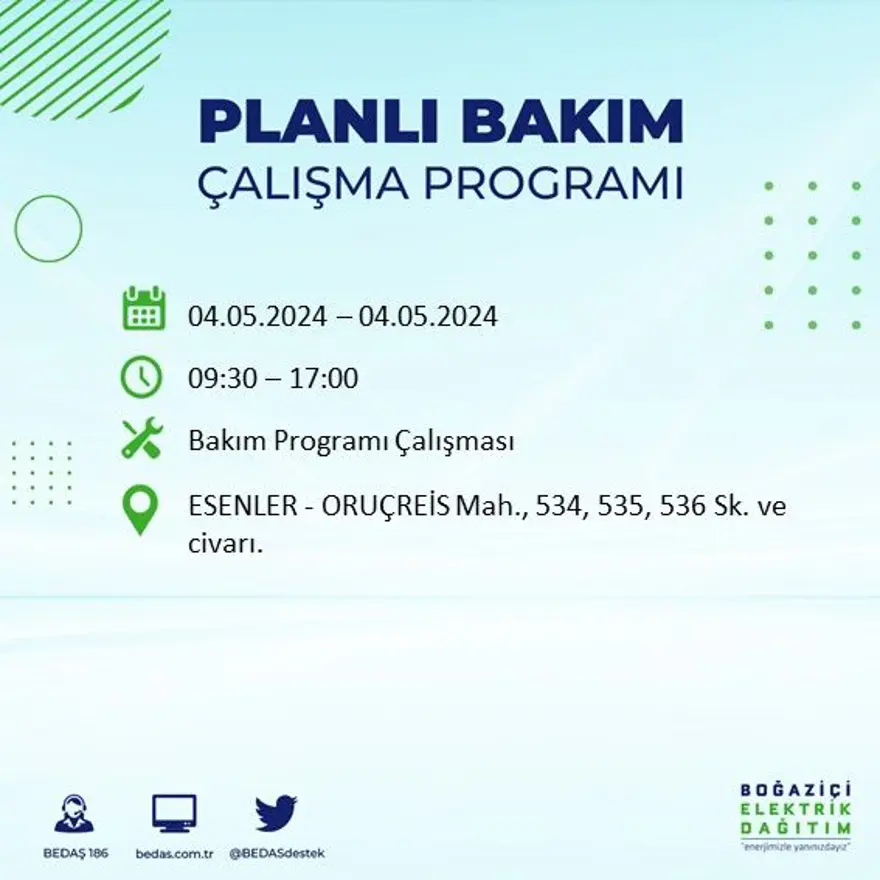 İstanbul'un 17 ilçesinde elektrik kesintisi: Elektrikler ne zaman gelecek? (4 Mayıs tarihli BEDAŞ kesinti programı) 15 İstanbul'un 17 ilçesinde elektrik kesintisi: Elektrikler ne zaman gelecek? (4 Mayıs tarihli BEDAŞ kesinti programı) 15